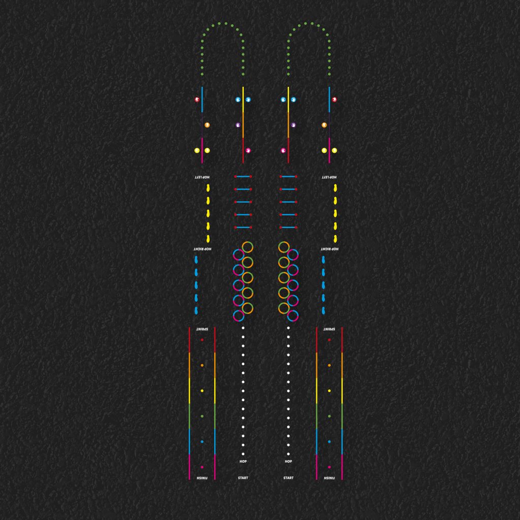 Dual Fitness play trail playground markings with multiple jumping, hopping and running challenges