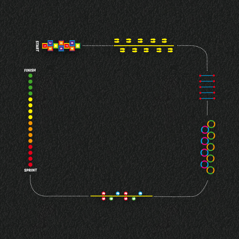 Fitness play trail playground markings with multiple jumping, hopping and running challenges