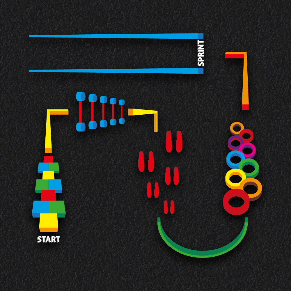 Coloruful 3D design playground markings for an active trail for children to follow, with hopscotch, jumping and sprint sections