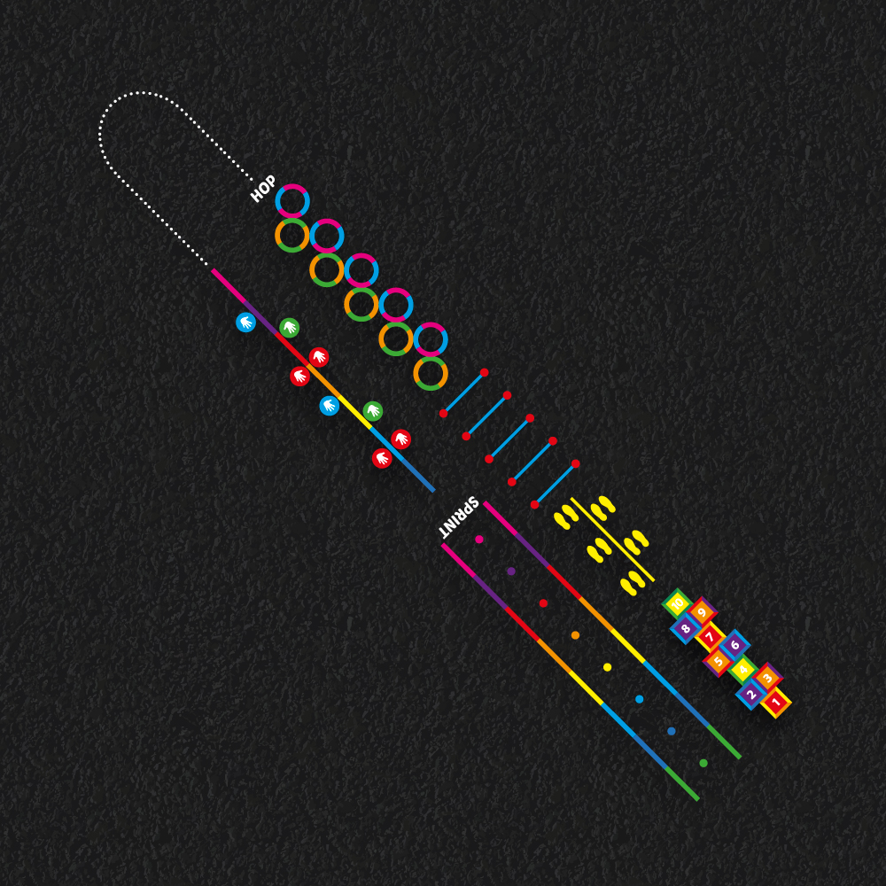 Fitness play trail playground markings with multiple jumping, hopping and running challenges