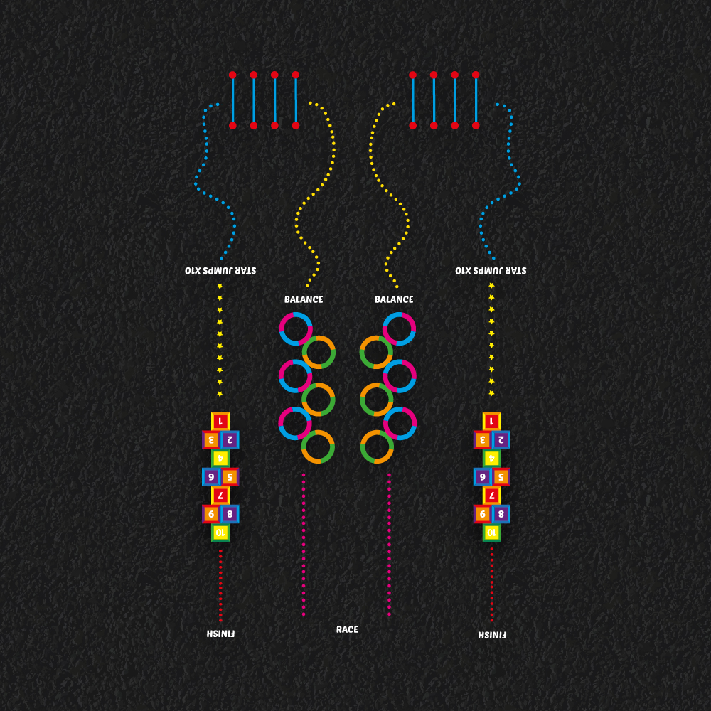 Fitness play trail playground markings with multiple jumping, hopping and running challenges