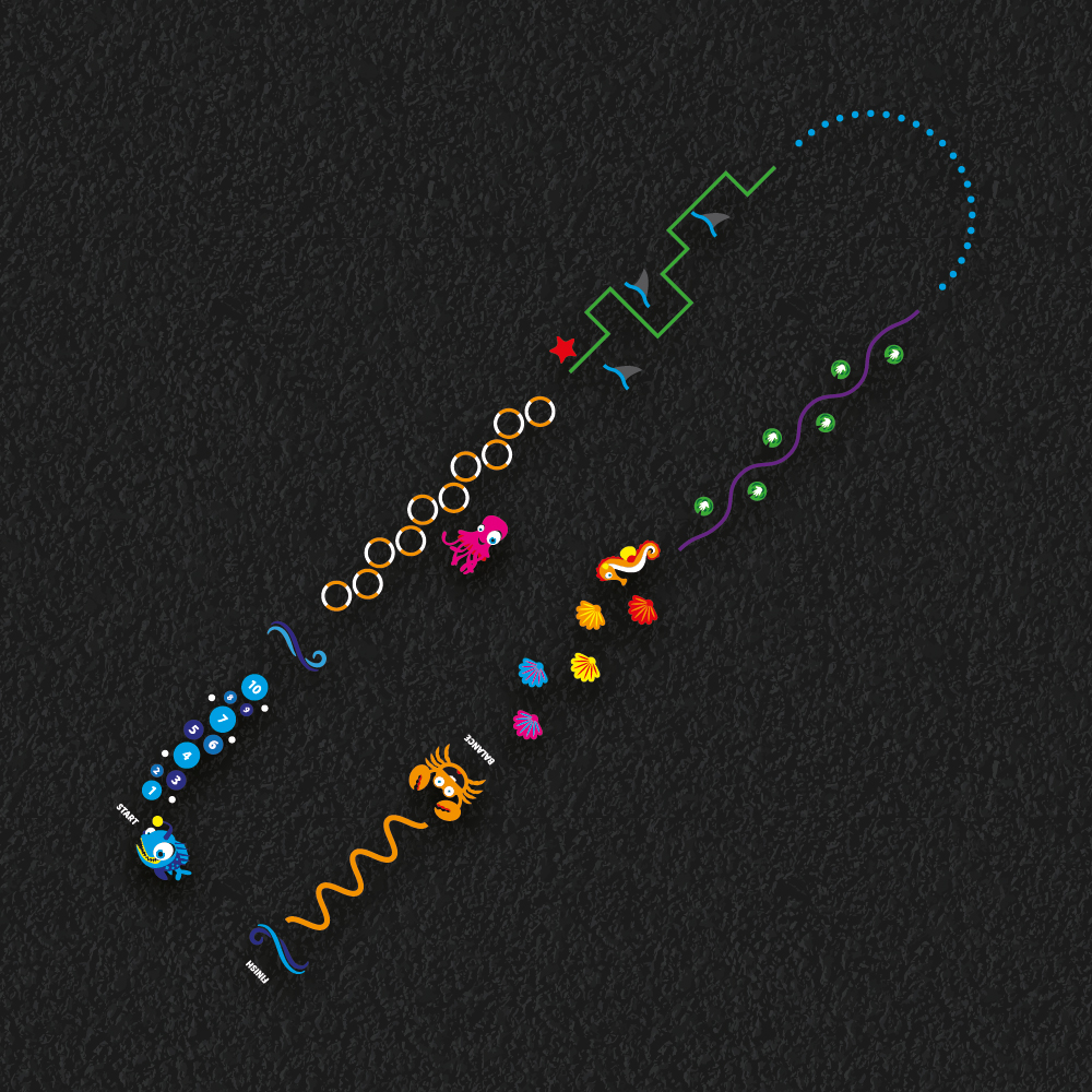 Sea themed play trail playground markings with multiple jumping, hopping and running challenges