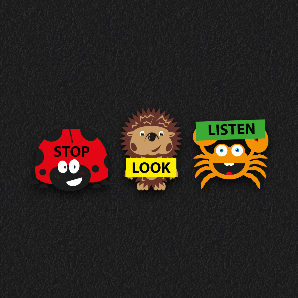 Playground Markings | Roadways | Stop-Look-Listen Stop-Look-Listen animal character design for roadways