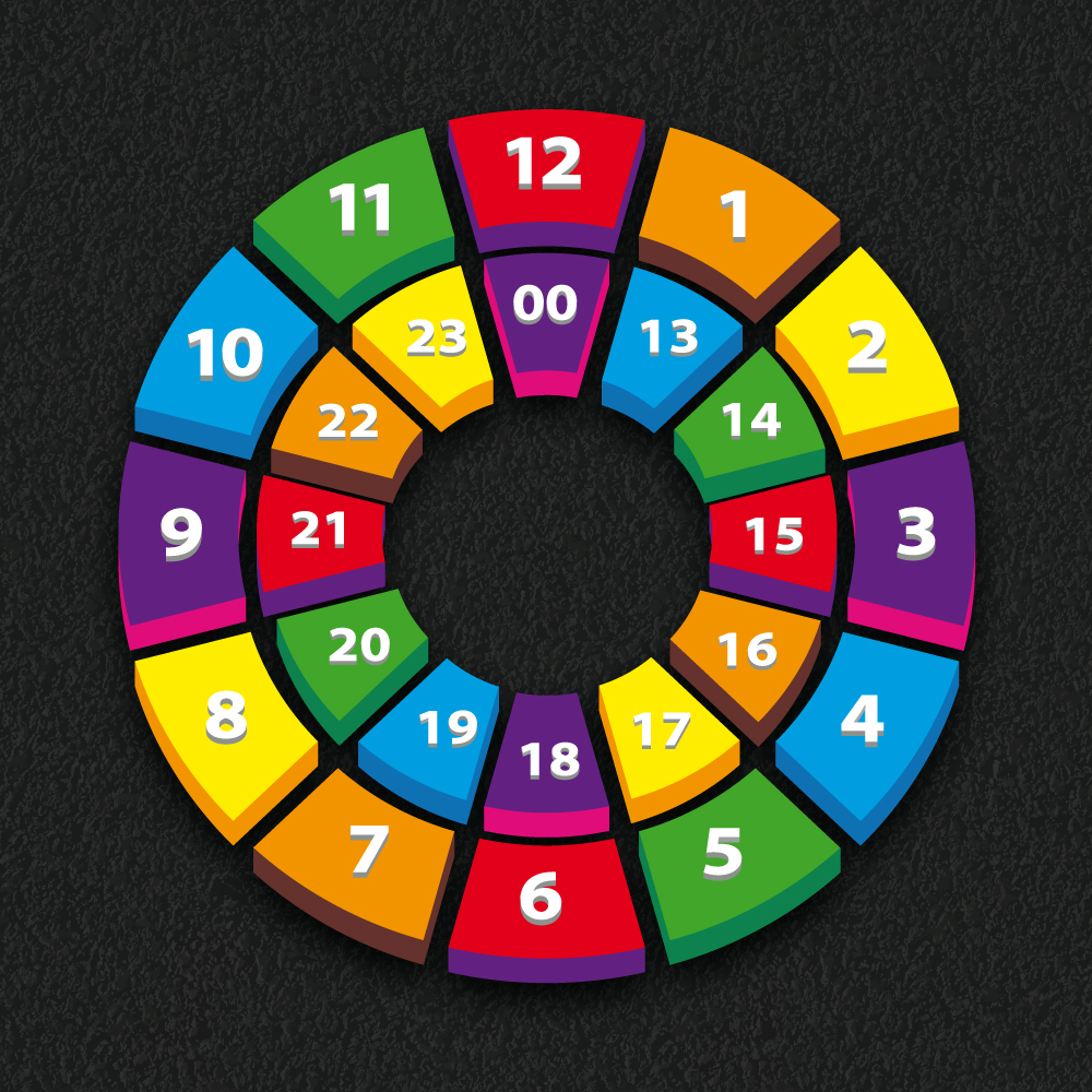 Colourful clock design with 3D elements in the playground markings