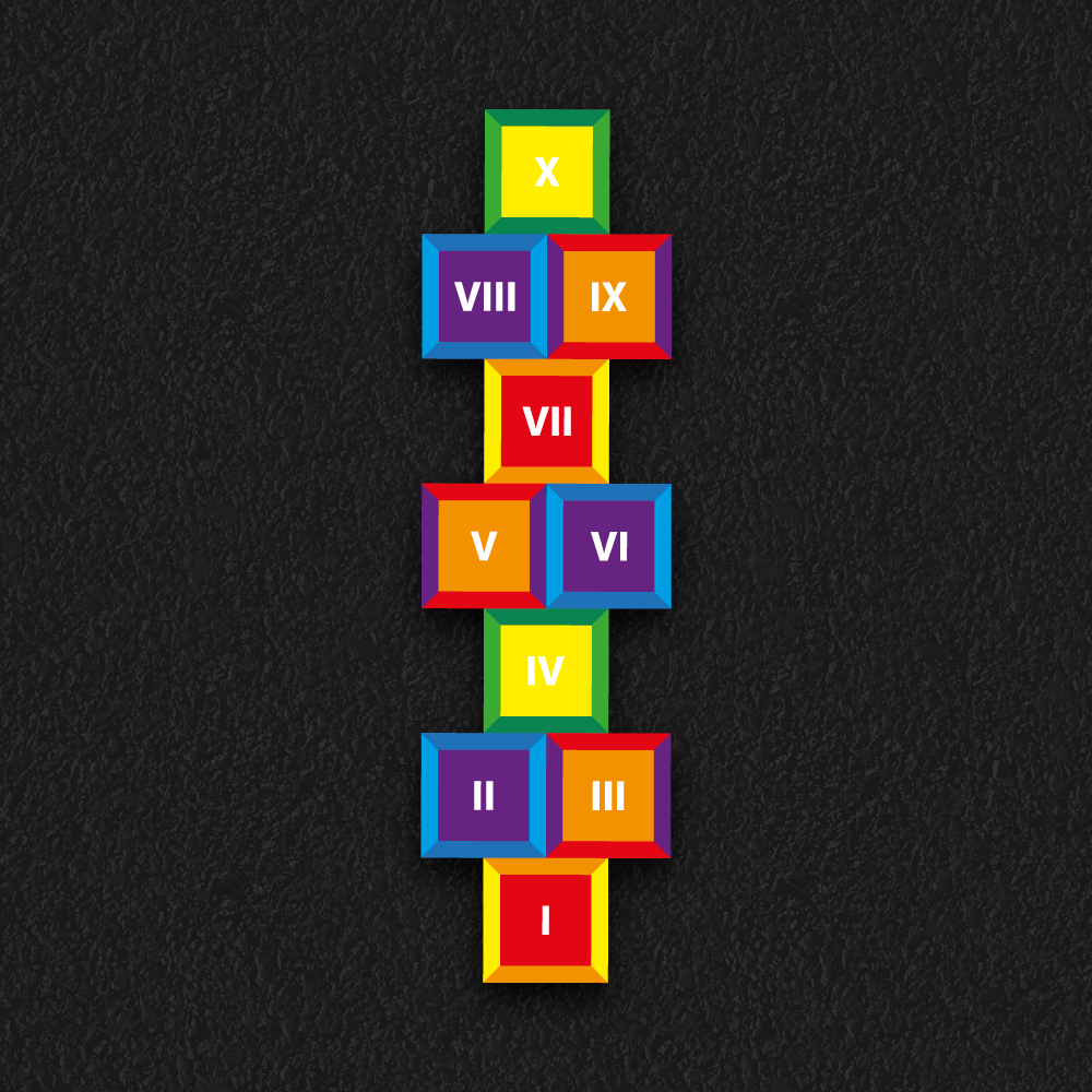 Rainbow hopscotch squares playground games markings with roman numerals