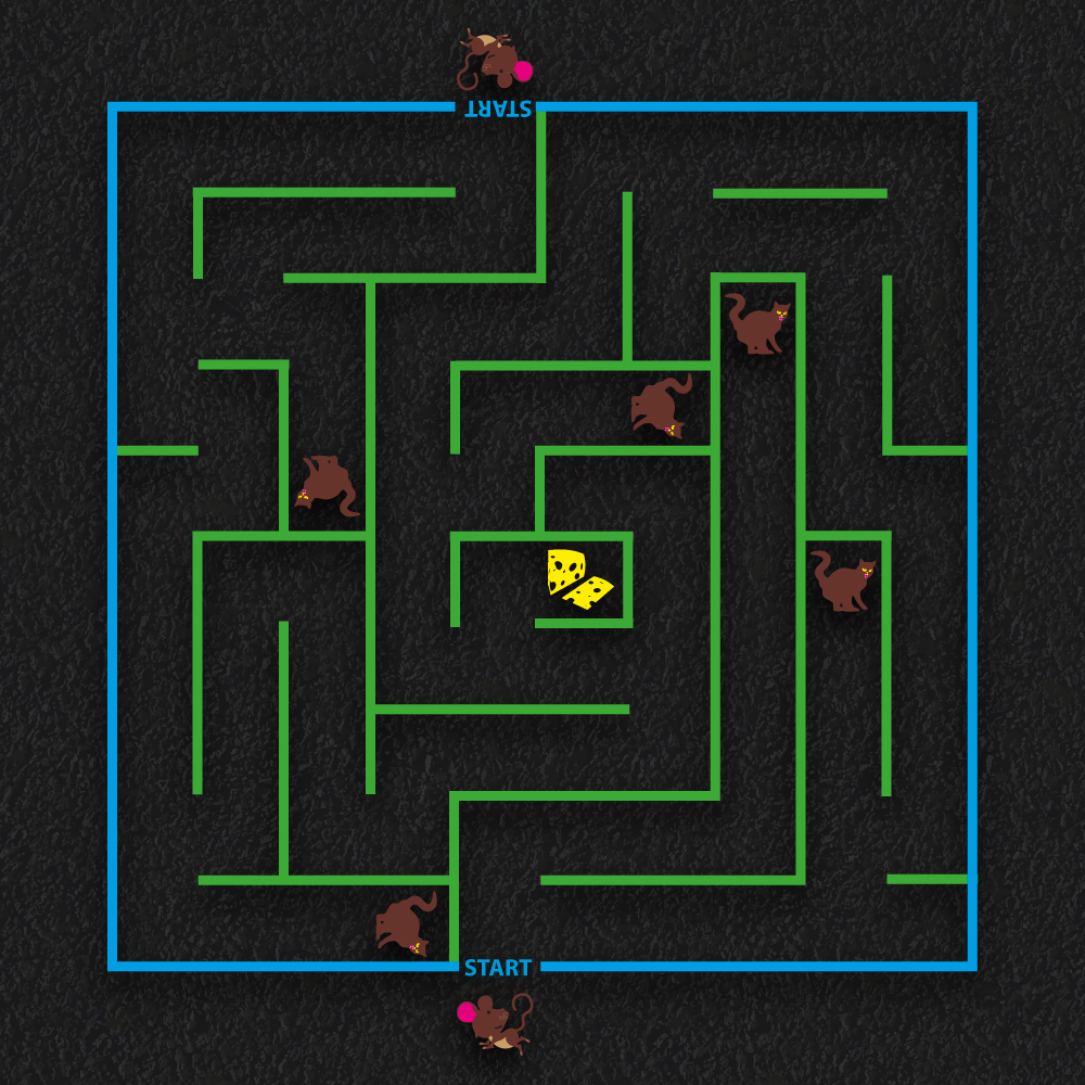 Square maze playground markings with cat and mouse characters