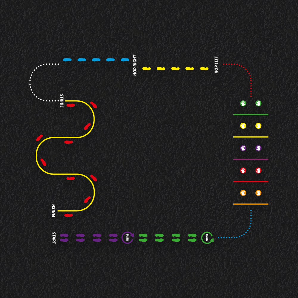 Activity play trail playground markings with multiple jumping, hopping and running challenges