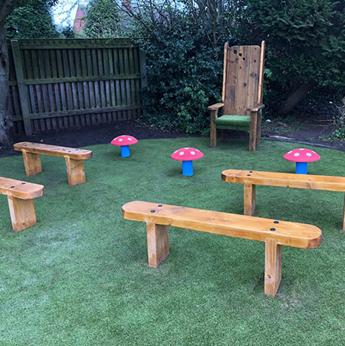 EYFS StoryTelling Area with benches, toadstool seats and storytelling chair