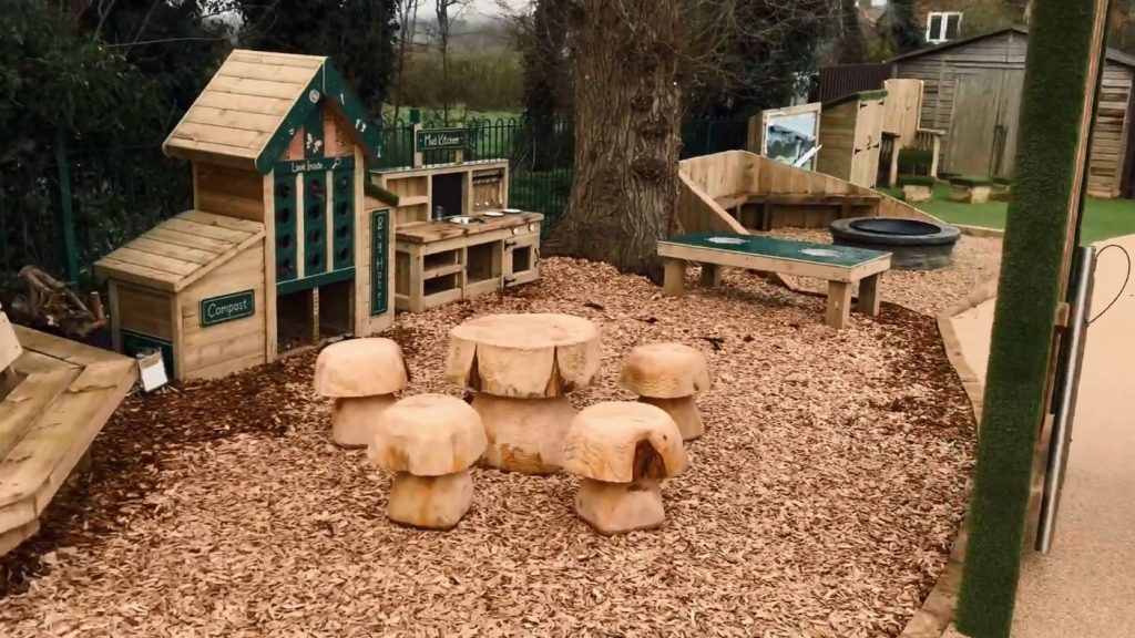 Mushroom seating stools and bug hotel