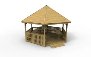 Large 6m Hexagonal School Gazebo with Half Height Palisade Fencing, wooden decking and benches