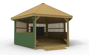 Large 6m Hexagonal School Gazebo with Full Height Palisade Fence and Roll Down Infill Panels, Chalkboard, Benches, Ramp and Decking