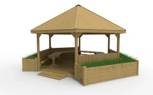 Large 6m Hexagonal School Gazebo with Half Height walls, wooden decking, benches and planter options