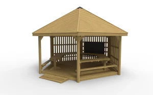 Large 6m Hexagonal School Gazebo with Full Height Palisade Fence, Chalkboard, Benches, Ramp and Decking