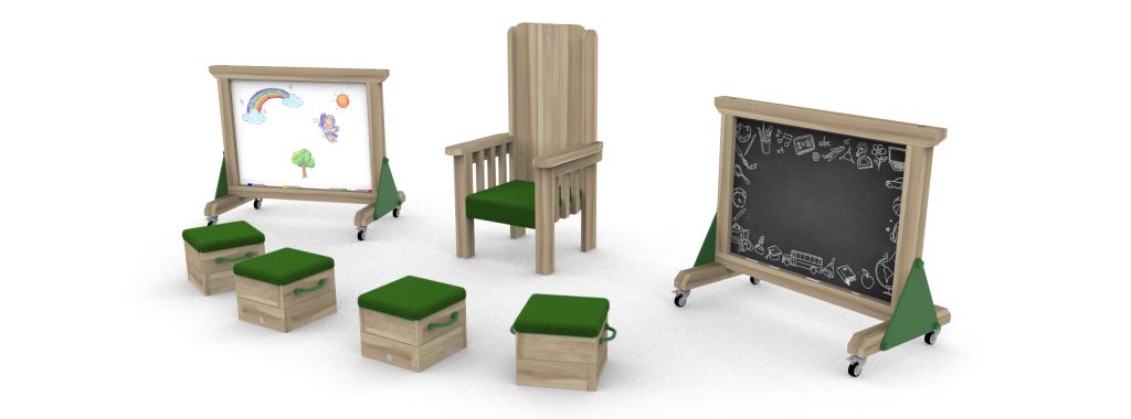 Outdoor reading Area Bundle: Storytelling Chair, 4 Seating cubes, Chalkboard, and Whiteboard