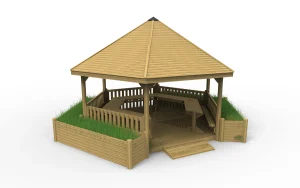 Large 6m Hexagonal School Gazebo with Half Height Palisade Fencing, wooden decking, benches and planter options