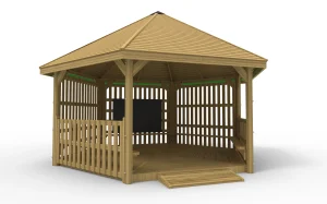 Large 6m Hexagonal School Gazebo with Full and Half Height Palisade Fence, Chalkboard, Benches, Ramp and Decking