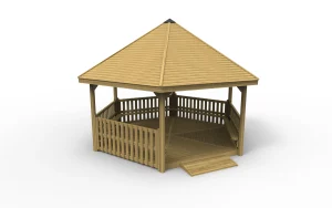 Large 6m Hexagonal School Gazebo with Half Height Palisade Fencing and wooden decking