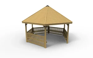 Large 6m Hexagonal School Gazebo with Half Height Palisade Fencing and benches