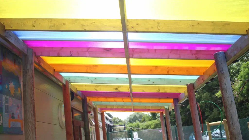 Colourful perspex canopy at Stretton School