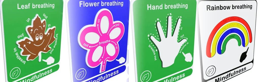 Four deep breathing guide play panels, with leaf, flower, hand and rainbow designs.