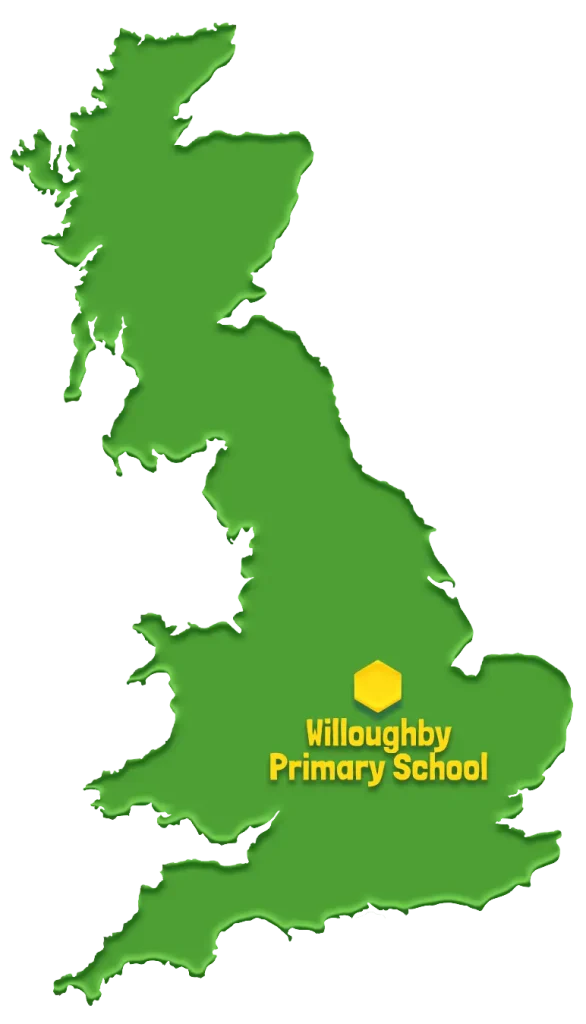 Willoughby Primary School, Nottinghamshire, located on a map of the UK