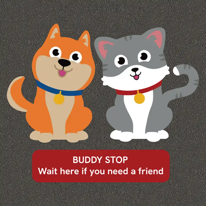 Mindfulness EYFS Stop for Friendship Building with cat and dog design, reading: BUDDY STOP Wait here if you need a friend