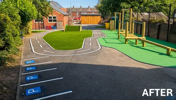 school playground after refurbishment with road markings, trim trail and rubber safety surfacing