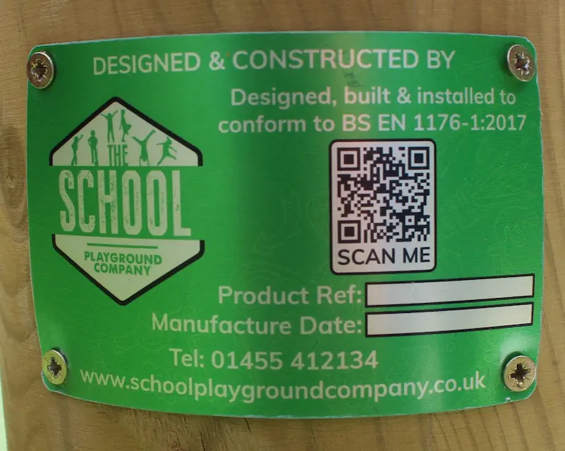 product plaque with BS EN 1176 compliance and QR code