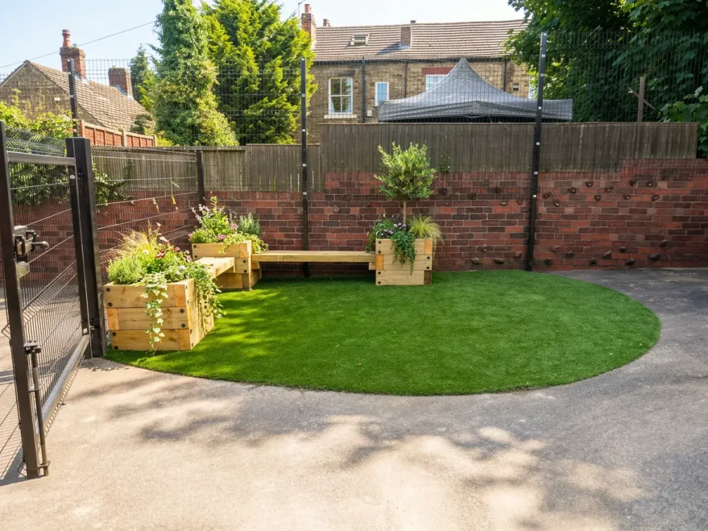 school playground quiet garden with raised planters and artificial lawn