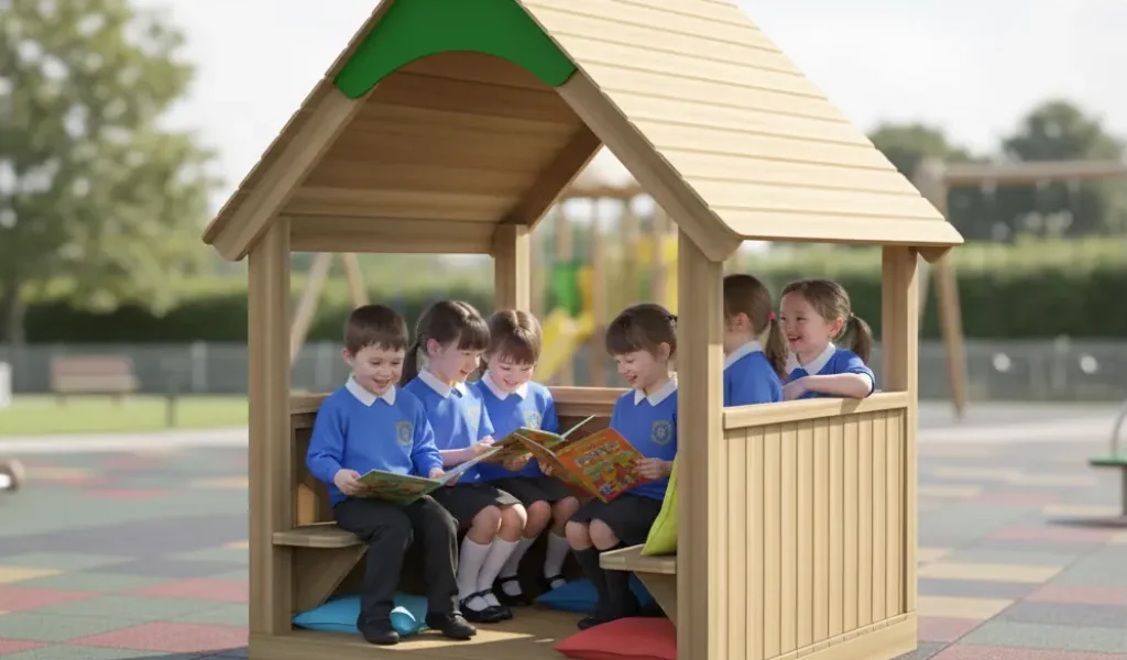 Mini reading hut on a playground with bench seating