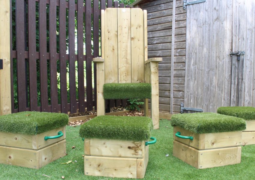 Outdoor Reading Area with storytelling chair and 4 seating cubes