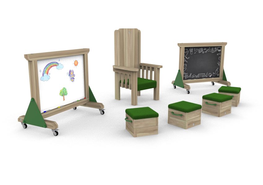 Outdoor reading Area Bundle: Storytelling Chair, 4 Seating cubes, Chalkboard, and Whiteboard