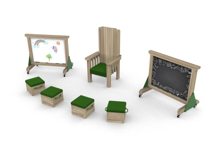 Outdoor reading Area Bundle: Storytelling Chair, 4 Seating cubes, Chalkboard, and Whiteboard