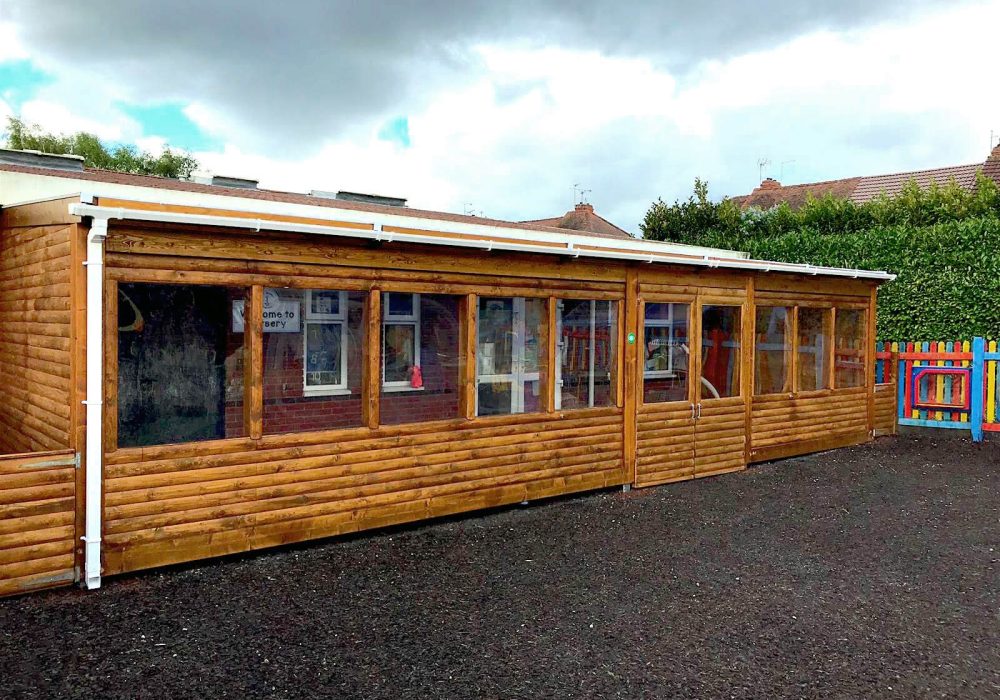 Timber shelter with windows and double door