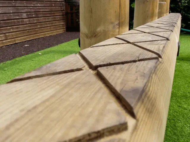 Wooden balance beam with cross hatching for anti-slip safety