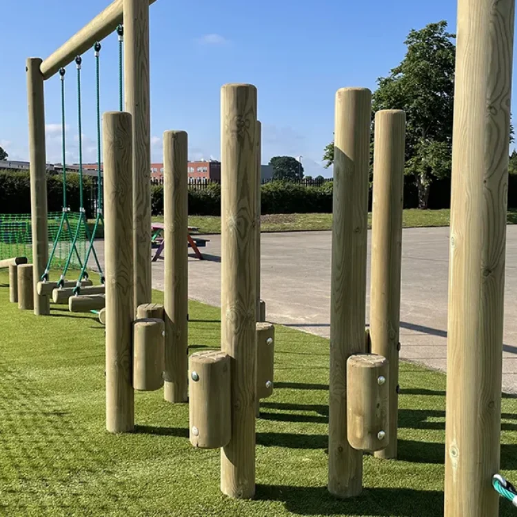 Wooden stepping logs on longer poles for support