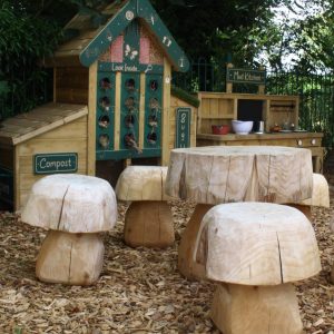 The bug hotel, mud kitchen and mushroom seating area