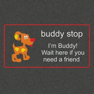 Buddy Stop dog character play marking for Early Years Playgrounds. Text Reads: buddy stop I'm Buddy! Wait here if you need a friend