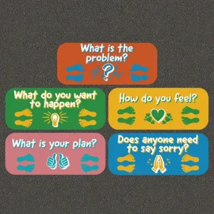 Mindfulness conflict resolution play markings reading: What is the problem? What do you want to happen? How do you feel? What is your plan? Does anyone need to say sorry?