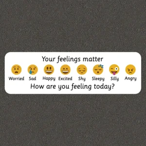 Mindfulness Play Markings with emoji faces reading: Your feelings matter. Worried, Sad, Happy, Excited, Shy, Sleepy, Silly, Angry. How are you feeling today?