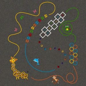 Colourful wildlife play trail with hopscotch, jumping, and number markings