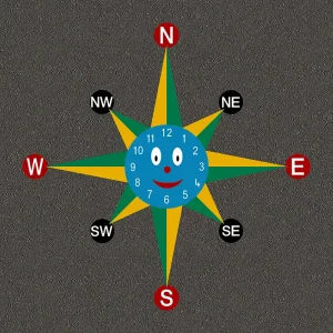 8-point compass and clock with smiley face playground marking