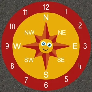 8-point compass and clock with smiley sun playground marking